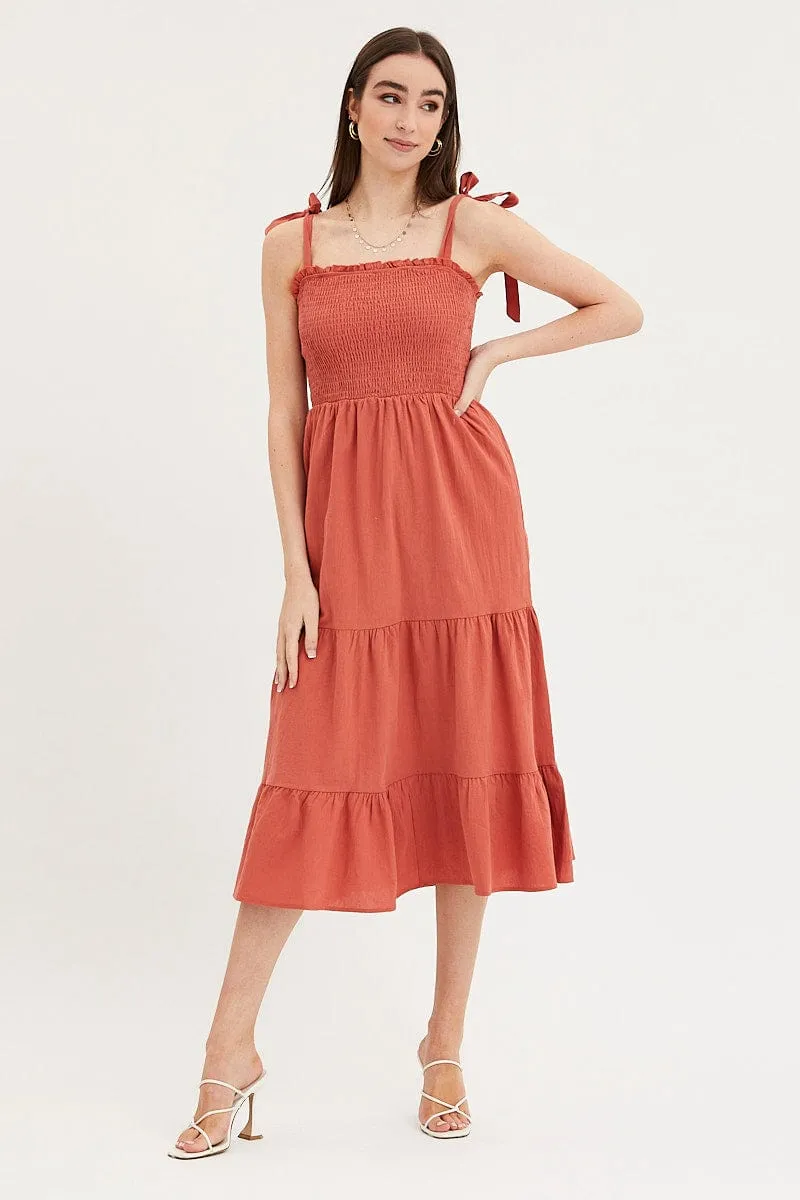 Brown Maxi Dress Sleeveless Tie Shoulder Square Neck