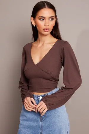 Brown Puff Sleeve Top Long Sleeve V Neck