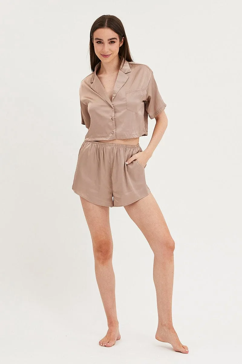 Brown Satin Pajamas Set Short Sleeve Crop