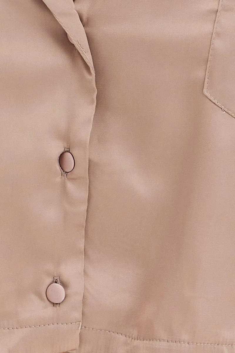 Brown Satin Pajamas Set Short Sleeve Crop