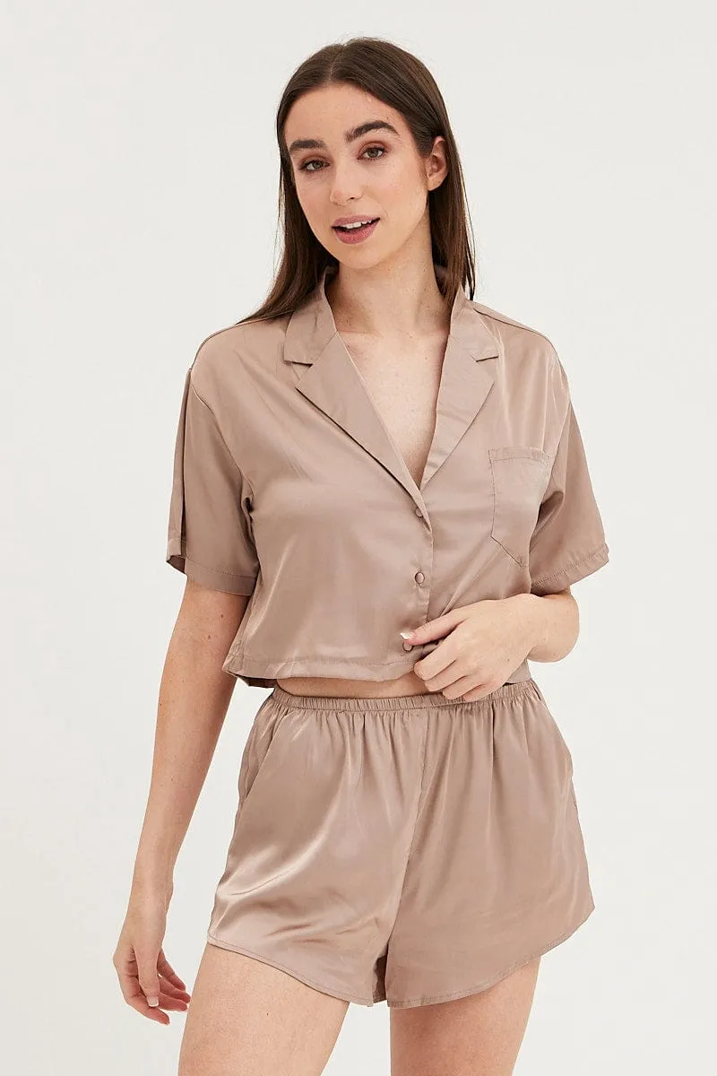 Brown Satin Pajamas Set Short Sleeve Crop