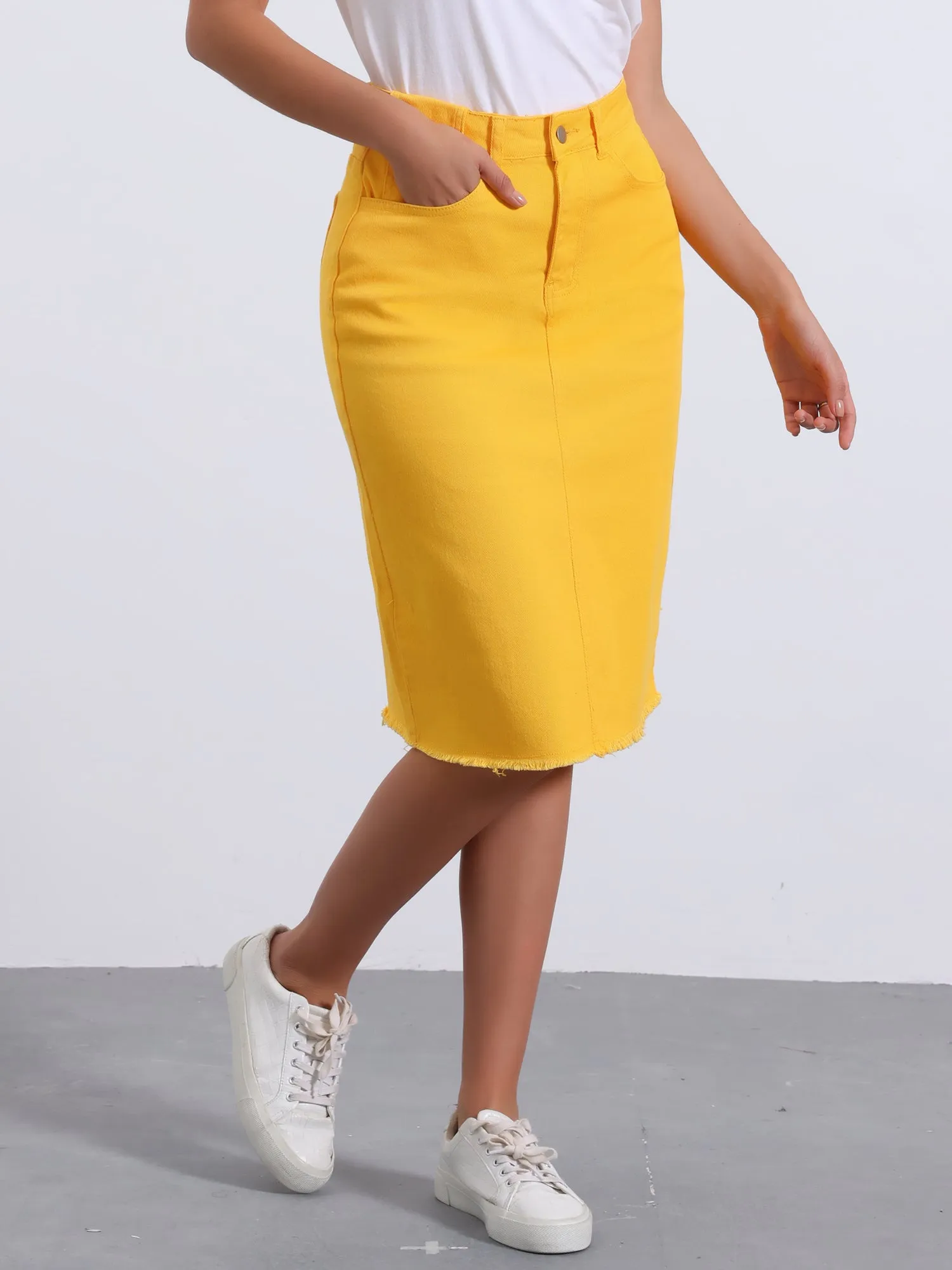 Casual High Waist Back Slit Stretch Denim Midi Jean Skirt