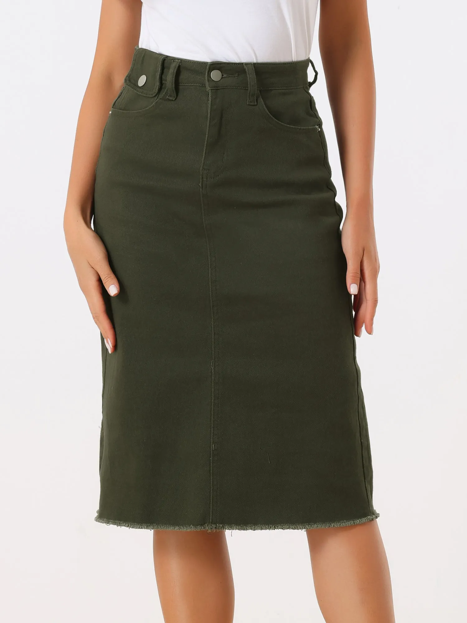 Casual High Waist Back Slit Stretch Denim Midi Jean Skirt