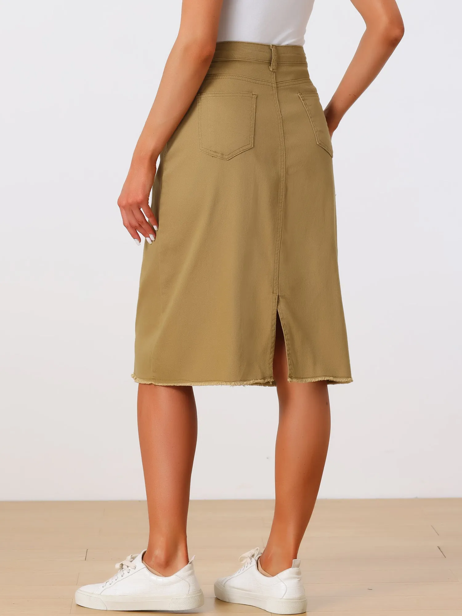 Casual High Waist Back Slit Stretch Denim Midi Jean Skirt