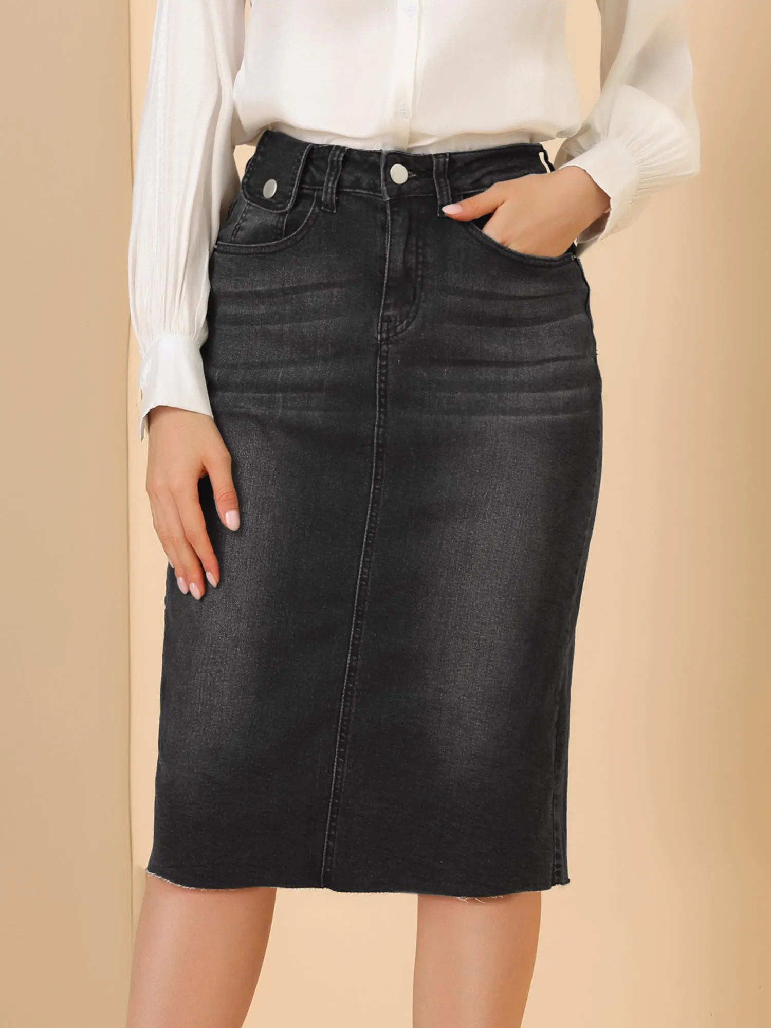Casual High Waist Back Slit Stretch Denim Midi Jean Skirt
