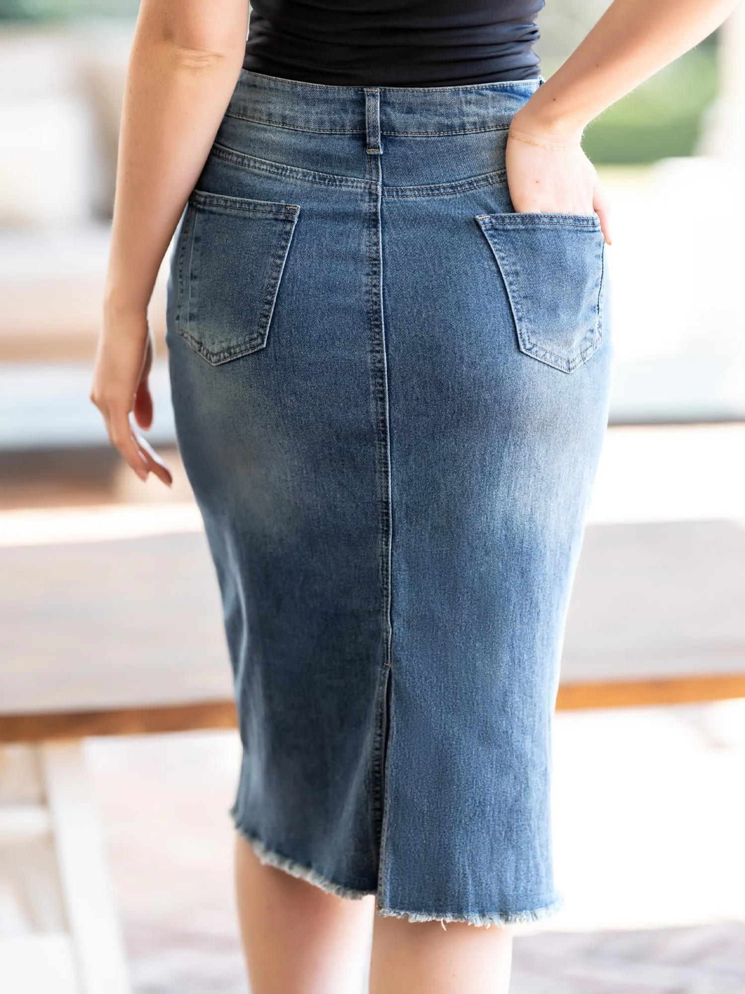 Casual High Waist Back Slit Stretch Denim Midi Jean Skirt