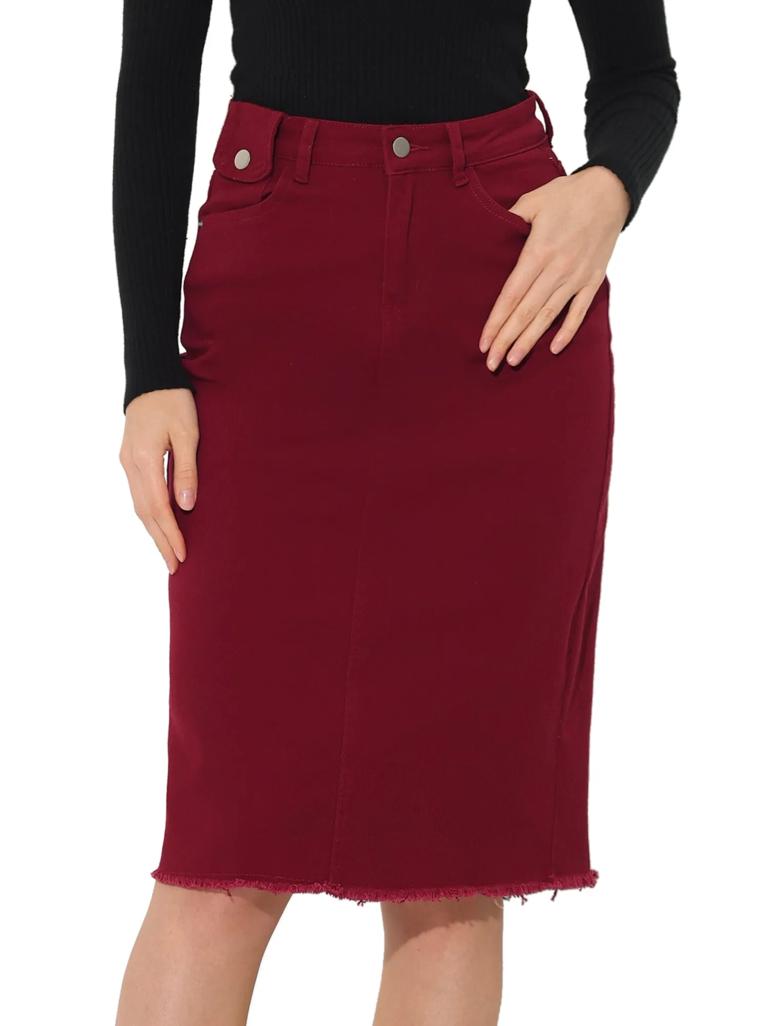 Casual High Waist Back Slit Stretch Denim Midi Jean Skirt