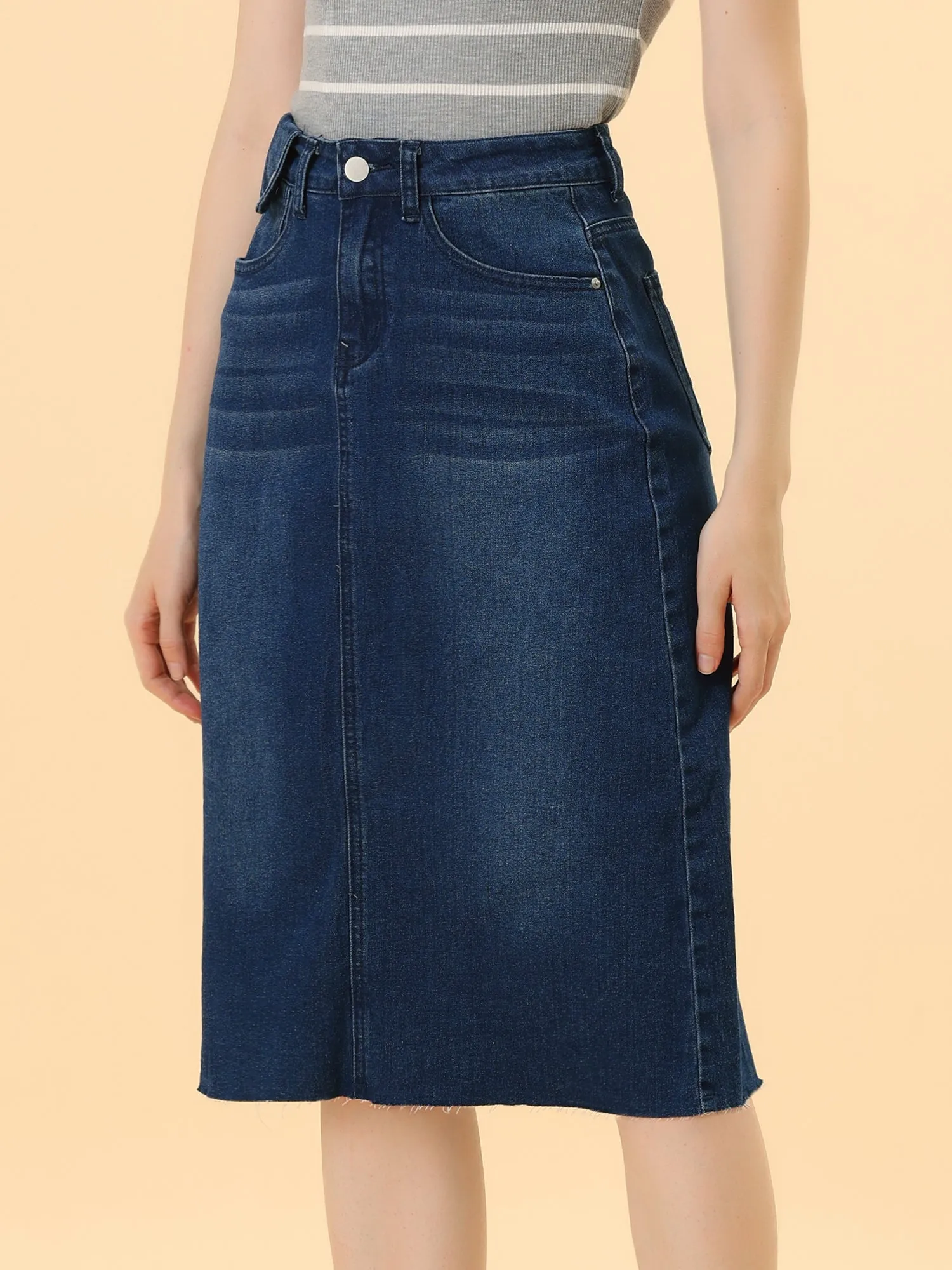 Casual High Waist Back Slit Stretch Denim Midi Jean Skirt