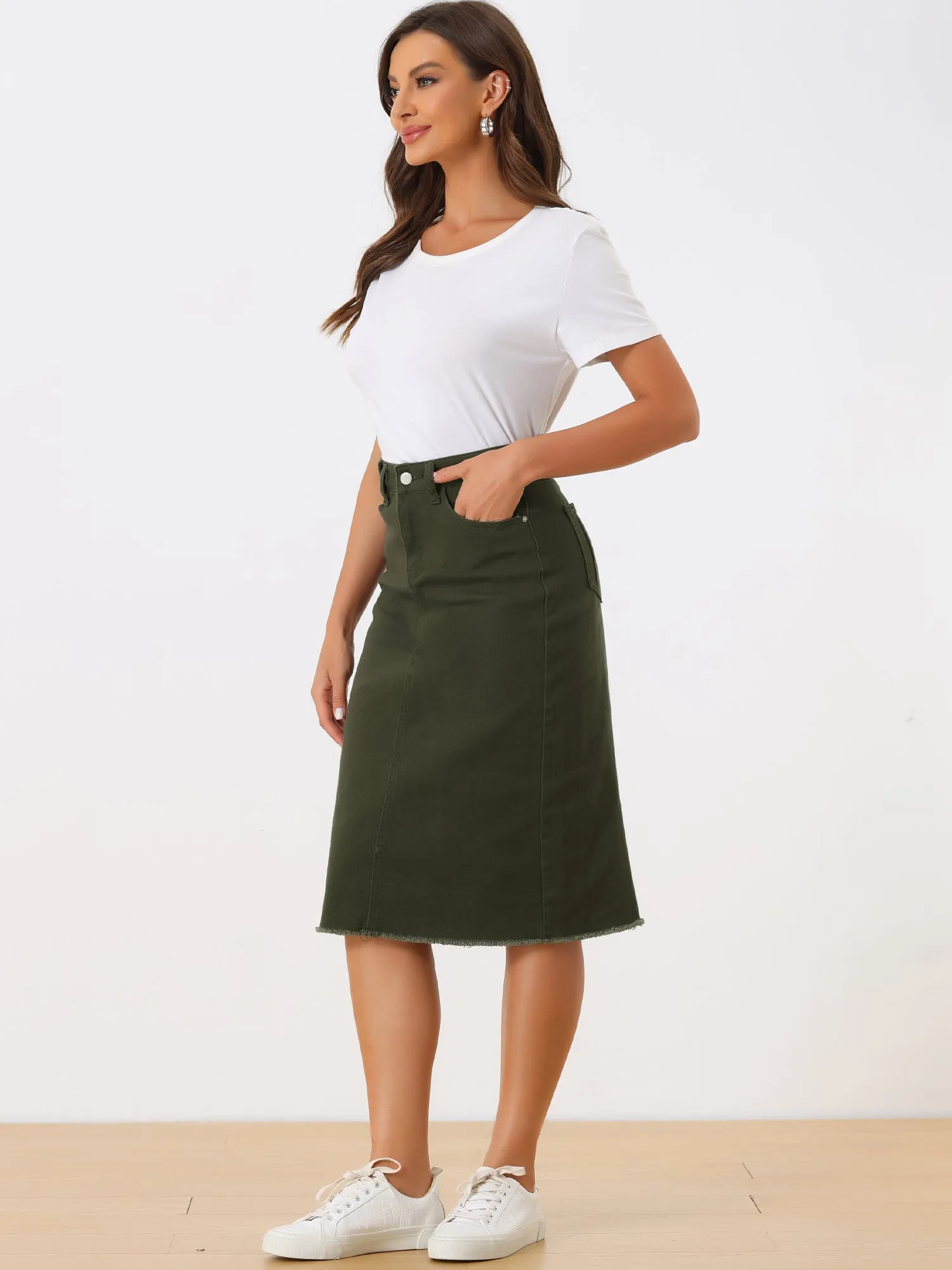 Casual High Waist Back Slit Stretch Denim Midi Jean Skirt