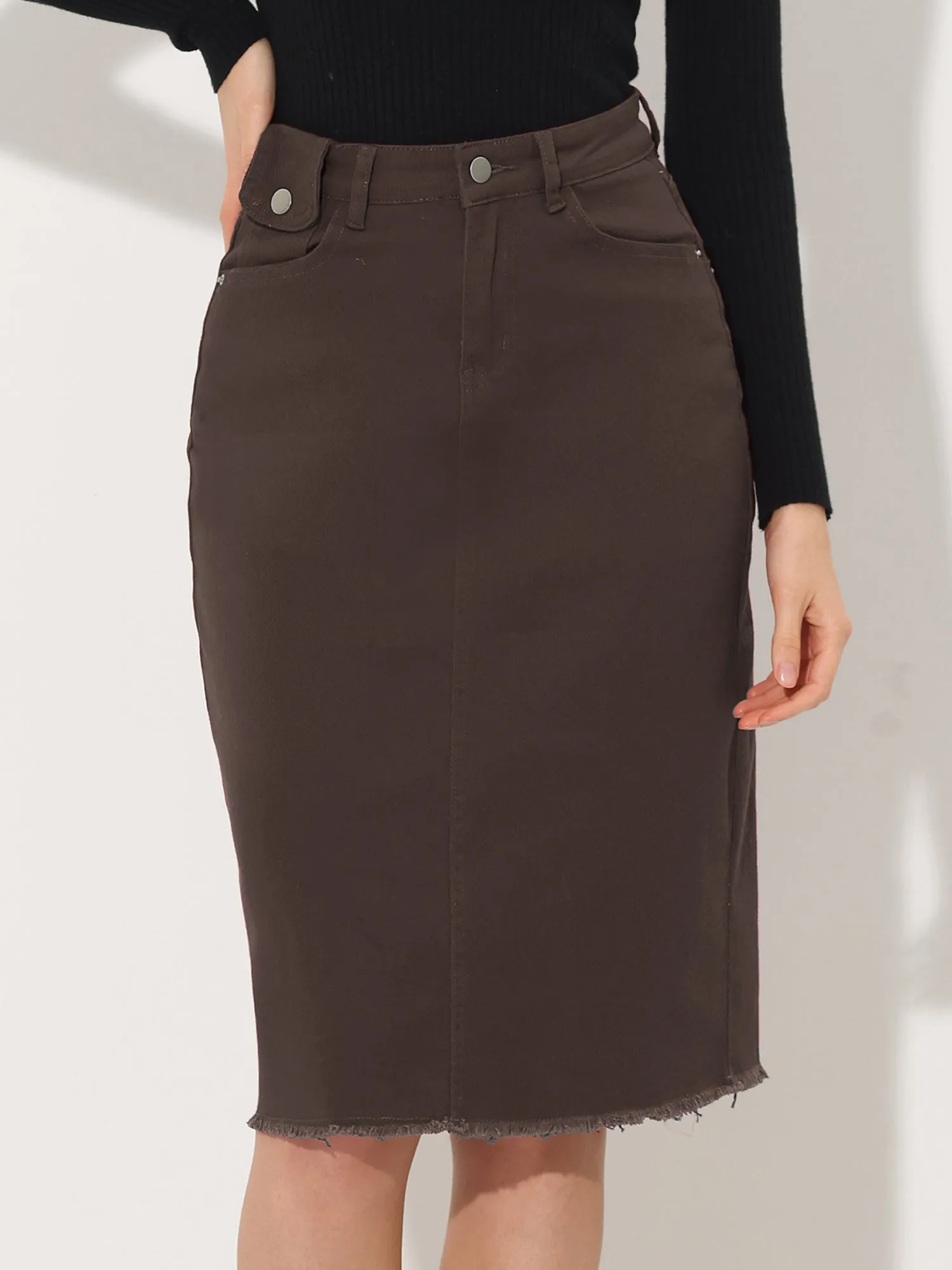 Casual High Waist Back Slit Stretch Denim Midi Jean Skirt