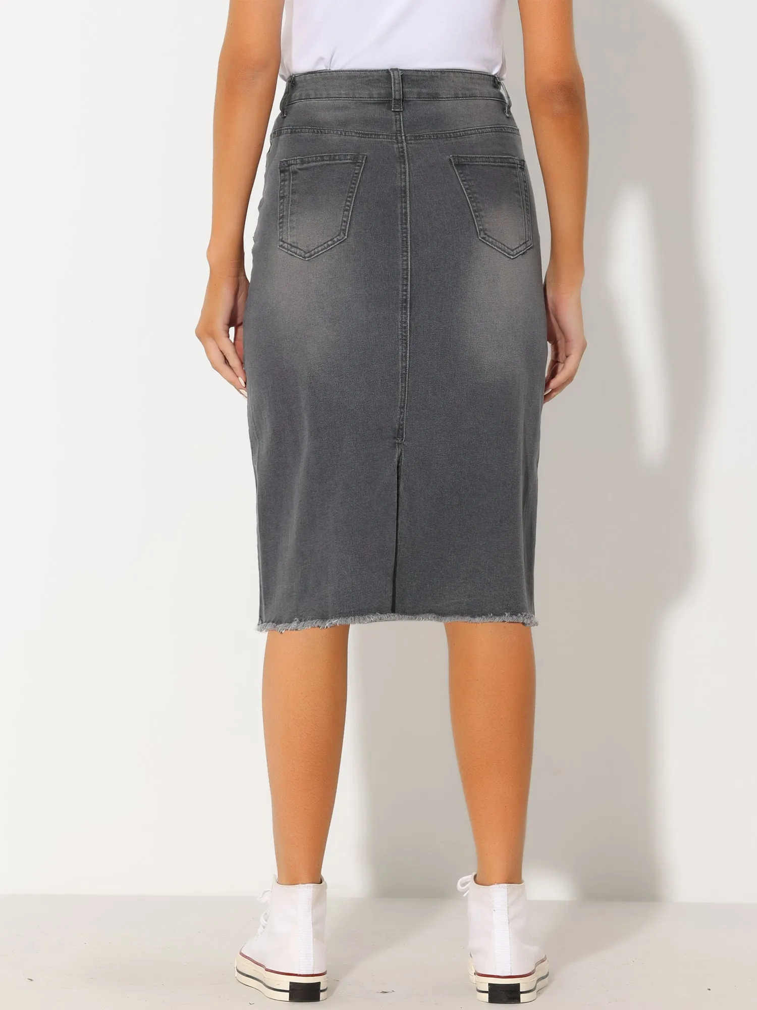 Casual High Waist Back Slit Stretch Denim Midi Jean Skirt