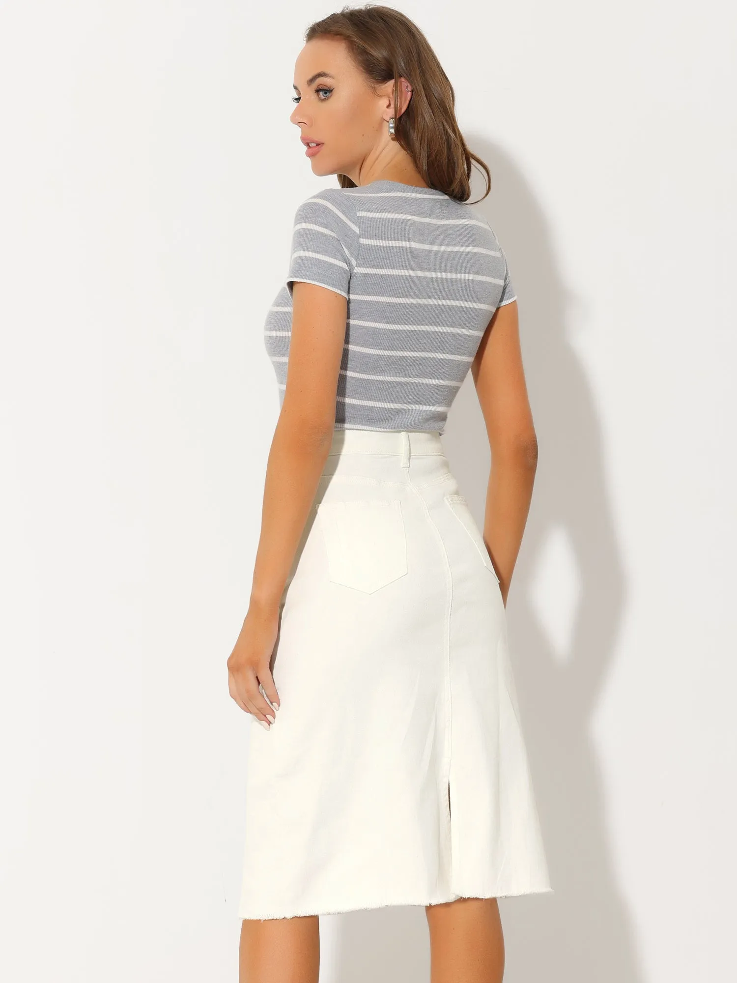 Casual High Waist Back Slit Stretch Denim Midi Jean Skirt