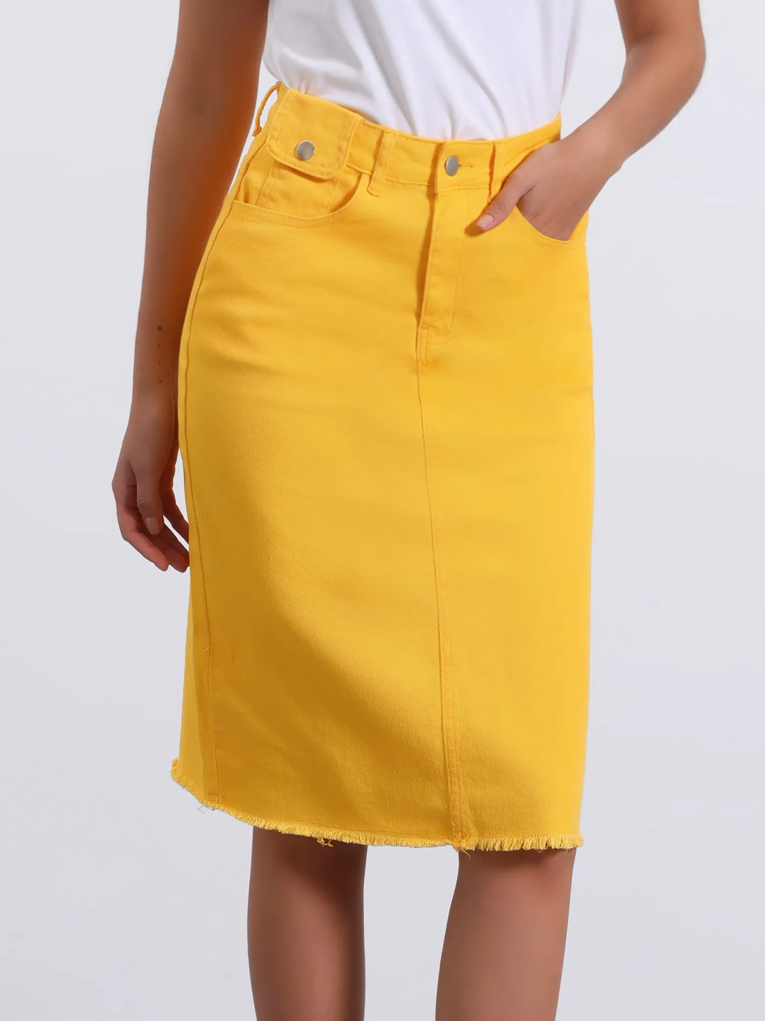 Casual High Waist Back Slit Stretch Denim Midi Jean Skirt