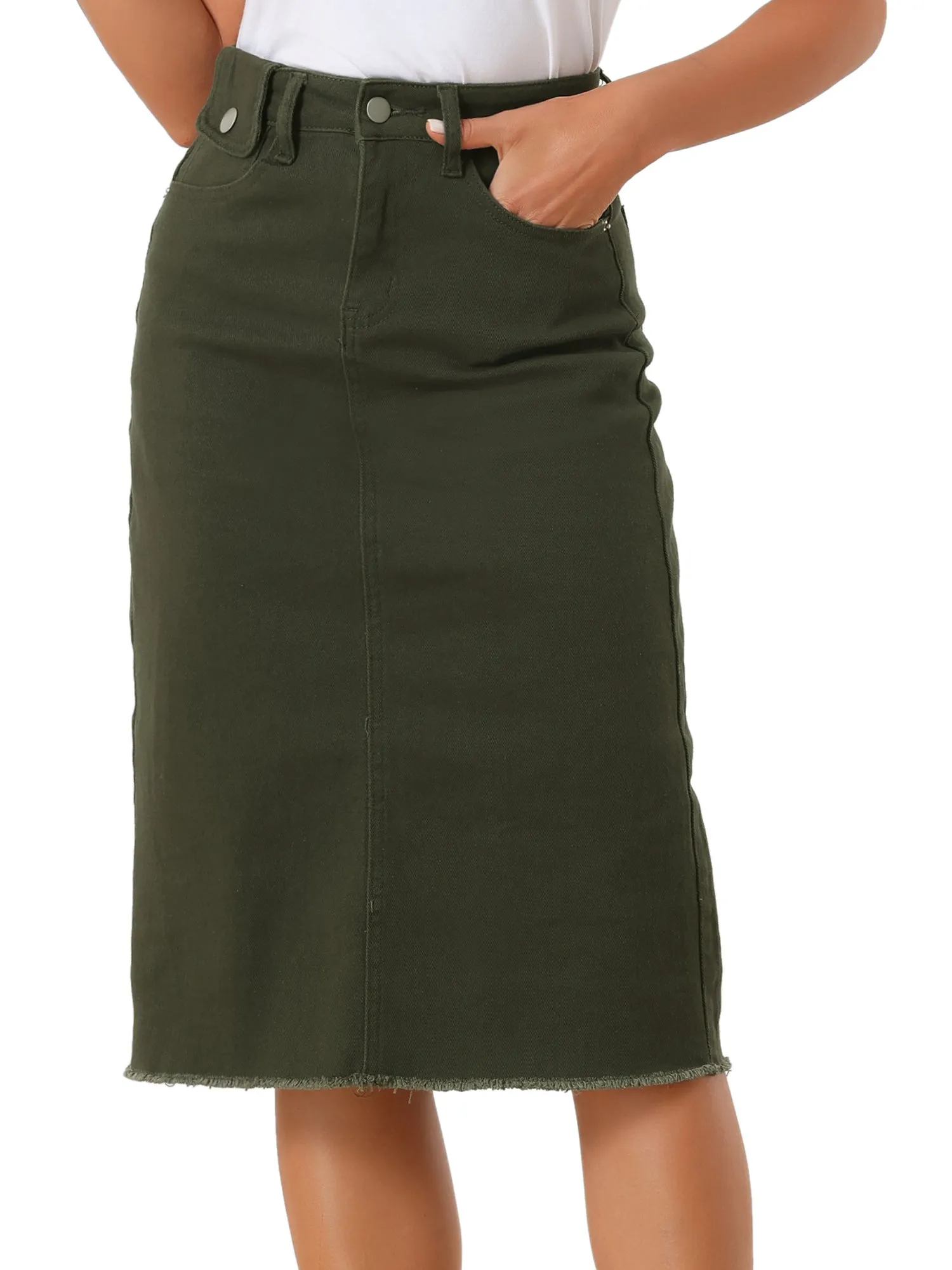 Casual High Waist Back Slit Stretch Denim Midi Jean Skirt