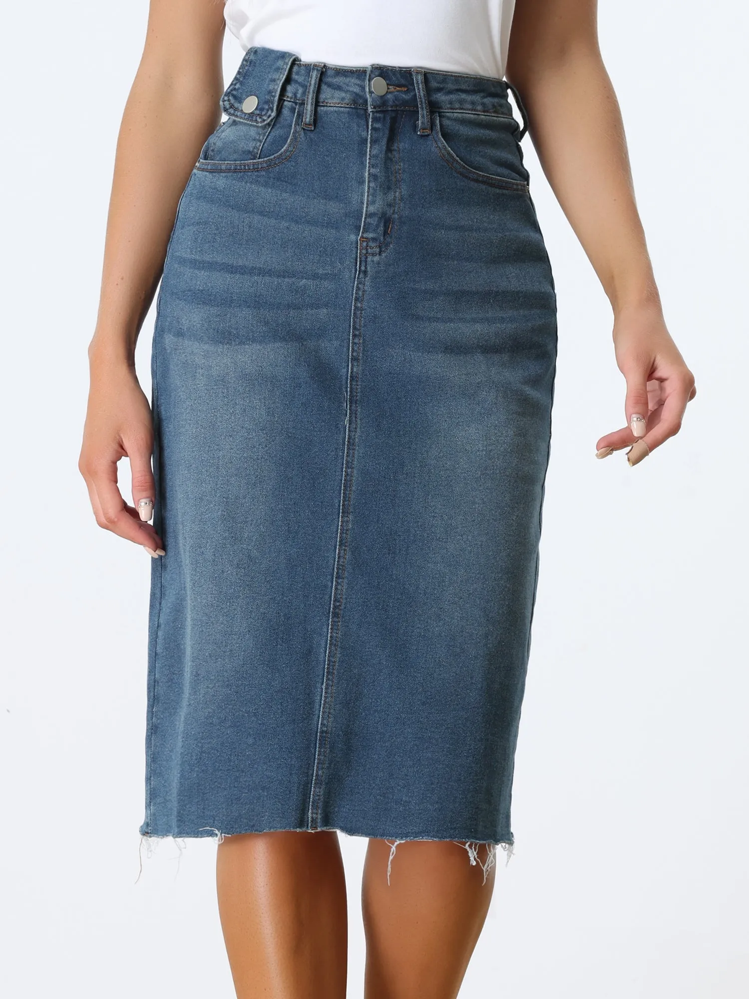 Casual High Waist Back Slit Stretch Denim Midi Jean Skirt