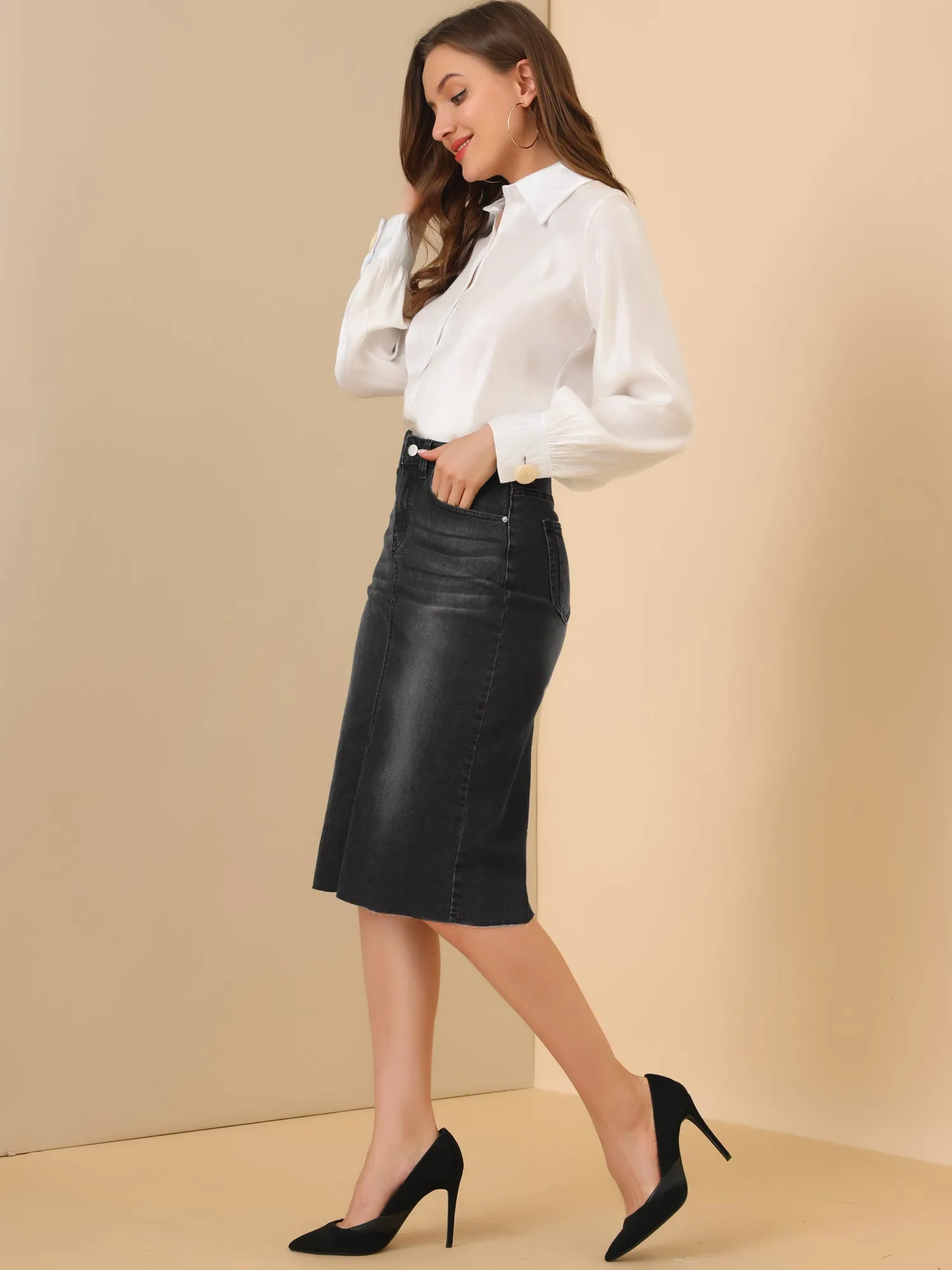Casual High Waist Back Slit Stretch Denim Midi Jean Skirt