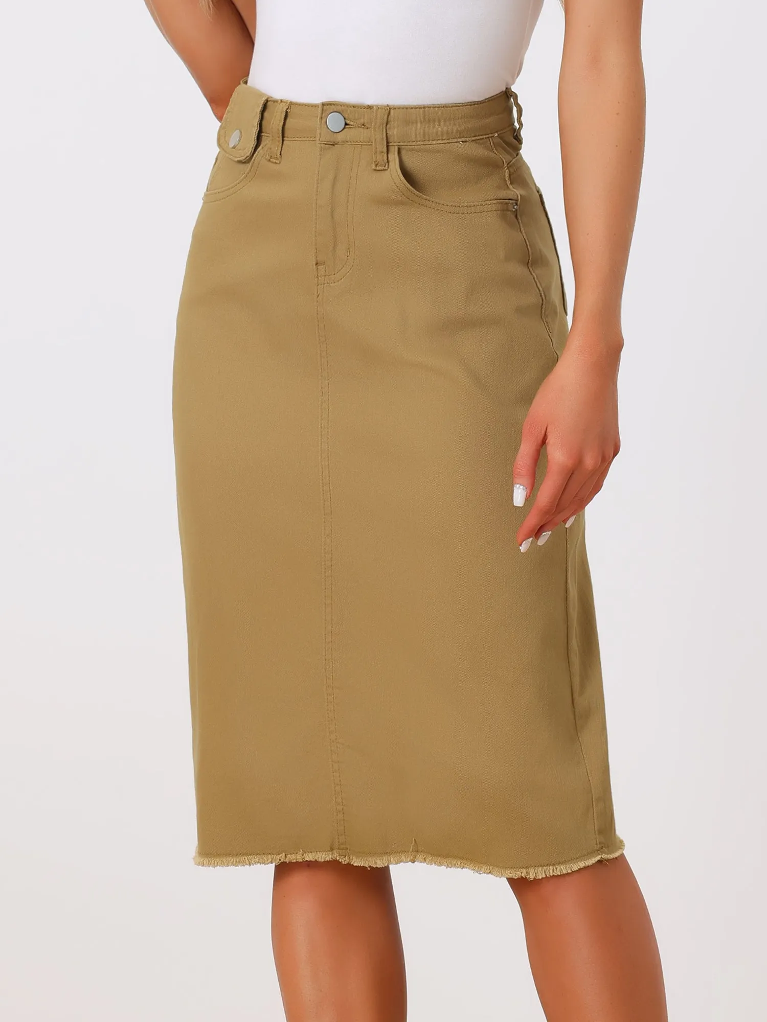 Casual High Waist Back Slit Stretch Denim Midi Jean Skirt
