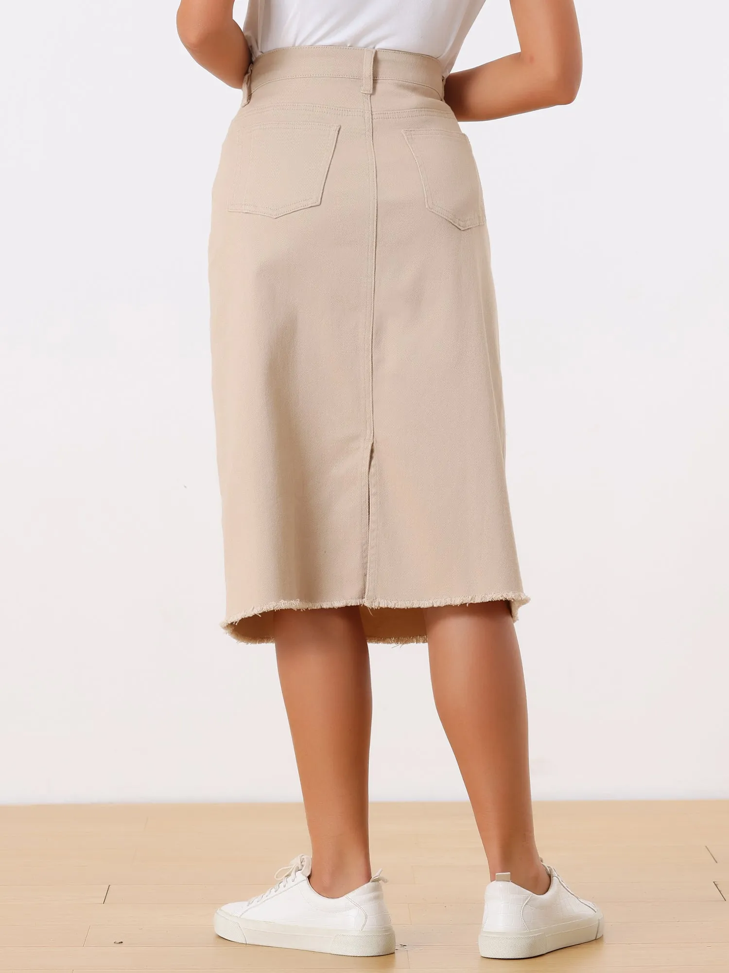 Casual High Waist Back Slit Stretch Denim Midi Jean Skirt