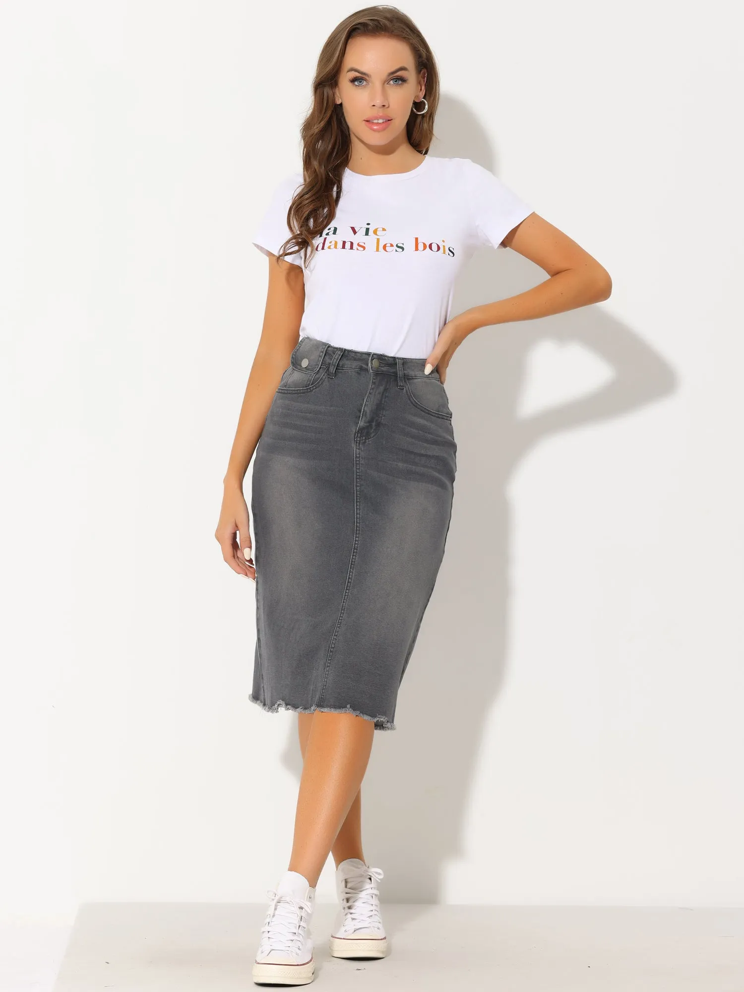 Casual High Waist Back Slit Stretch Denim Midi Jean Skirt