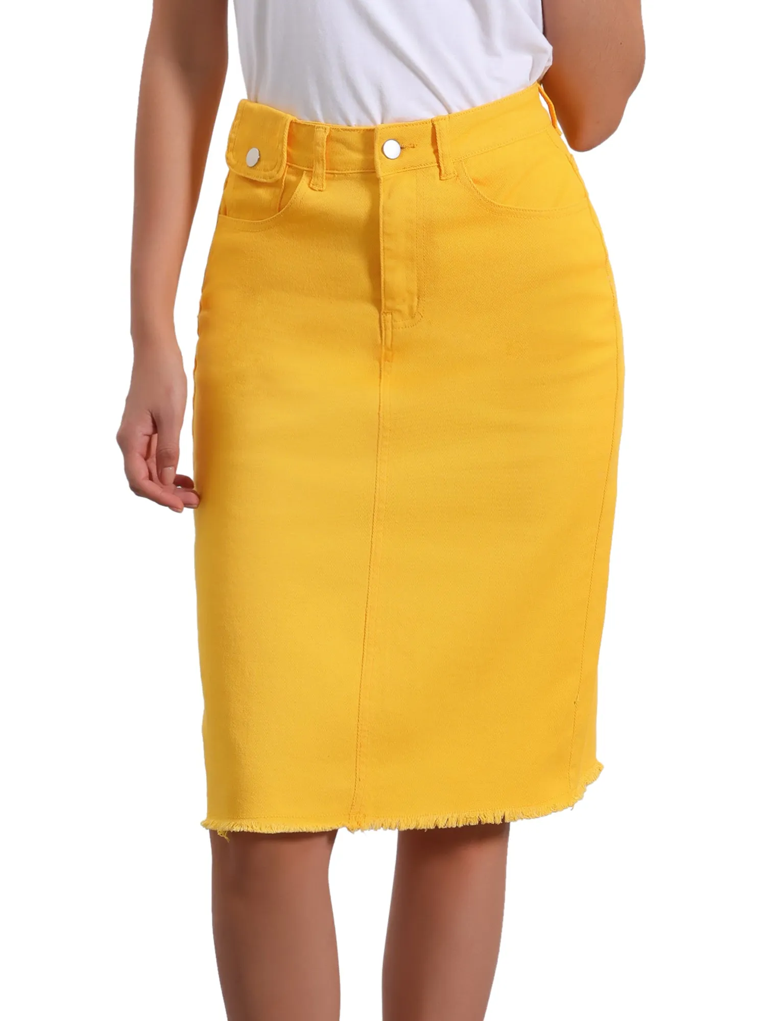 Casual High Waist Back Slit Stretch Denim Midi Jean Skirt