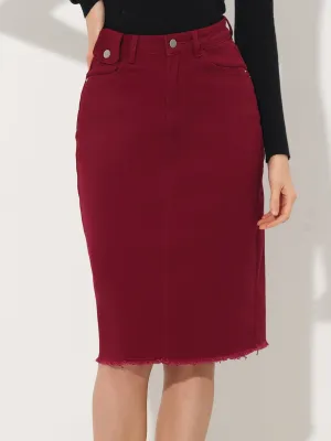 Casual High Waist Back Slit Stretch Denim Midi Jean Skirt