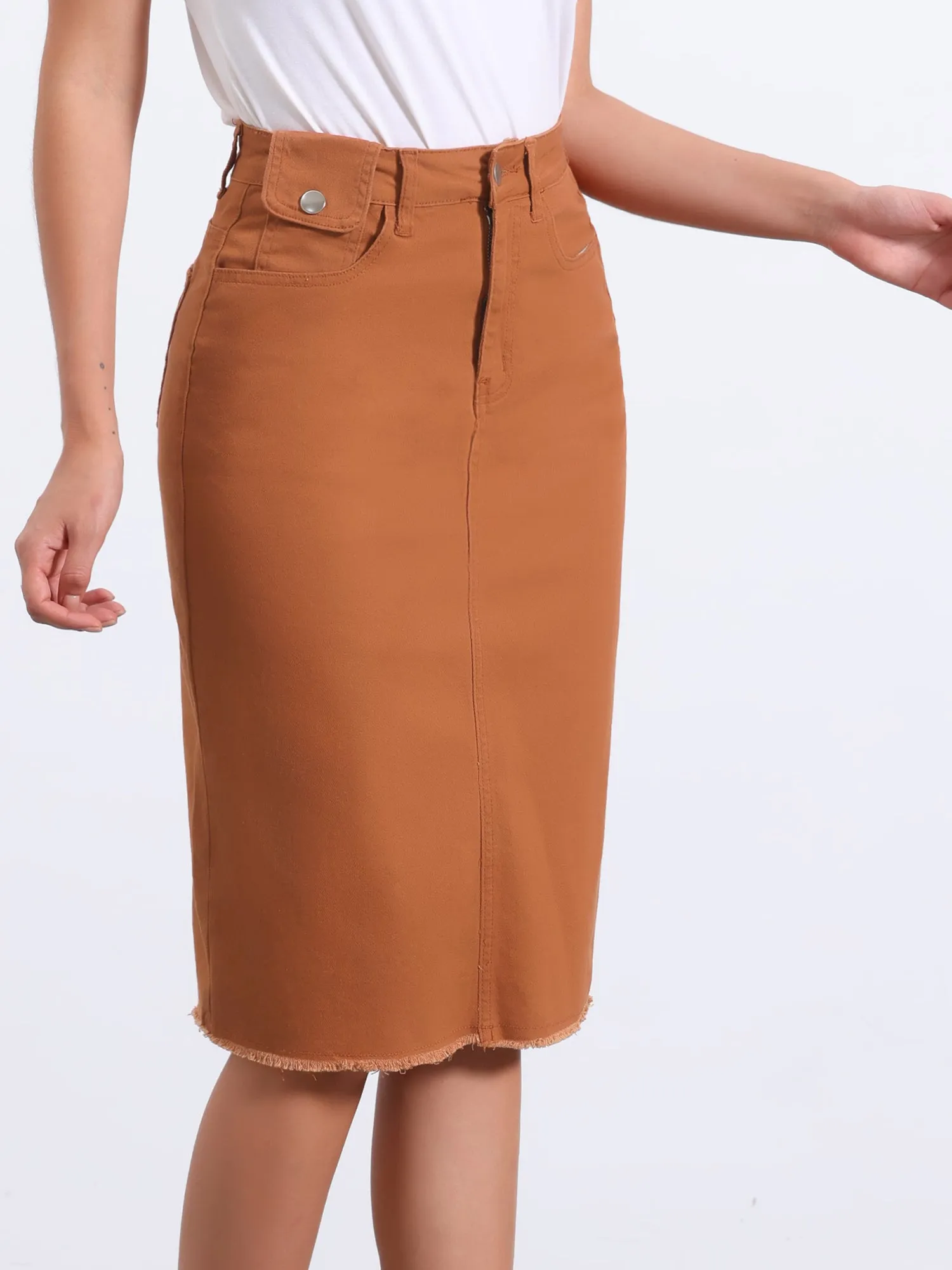 Casual High Waist Back Slit Stretch Denim Midi Jean Skirt