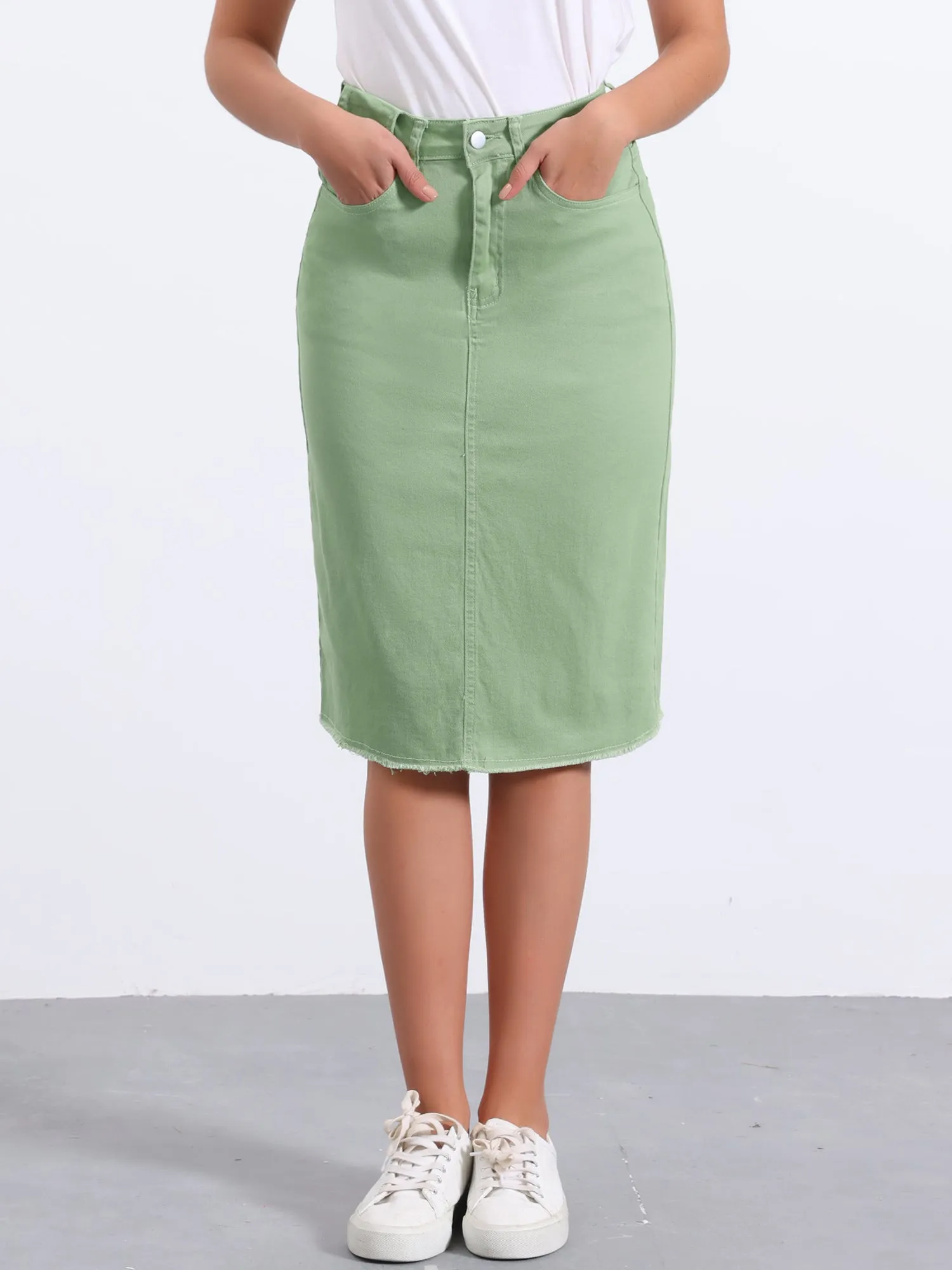 Casual High Waist Back Slit Stretch Denim Midi Jean Skirt
