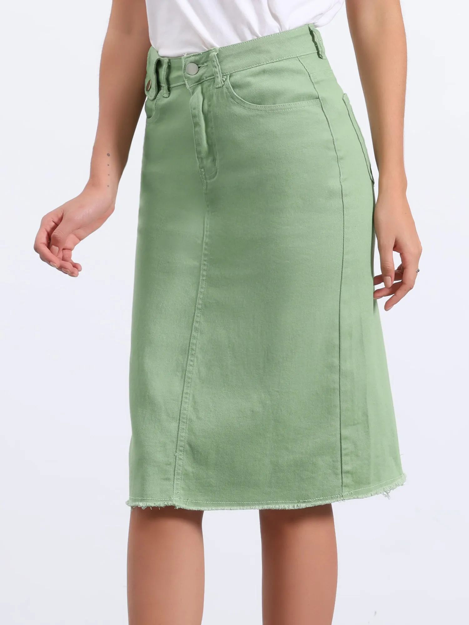 Casual High Waist Back Slit Stretch Denim Midi Jean Skirt
