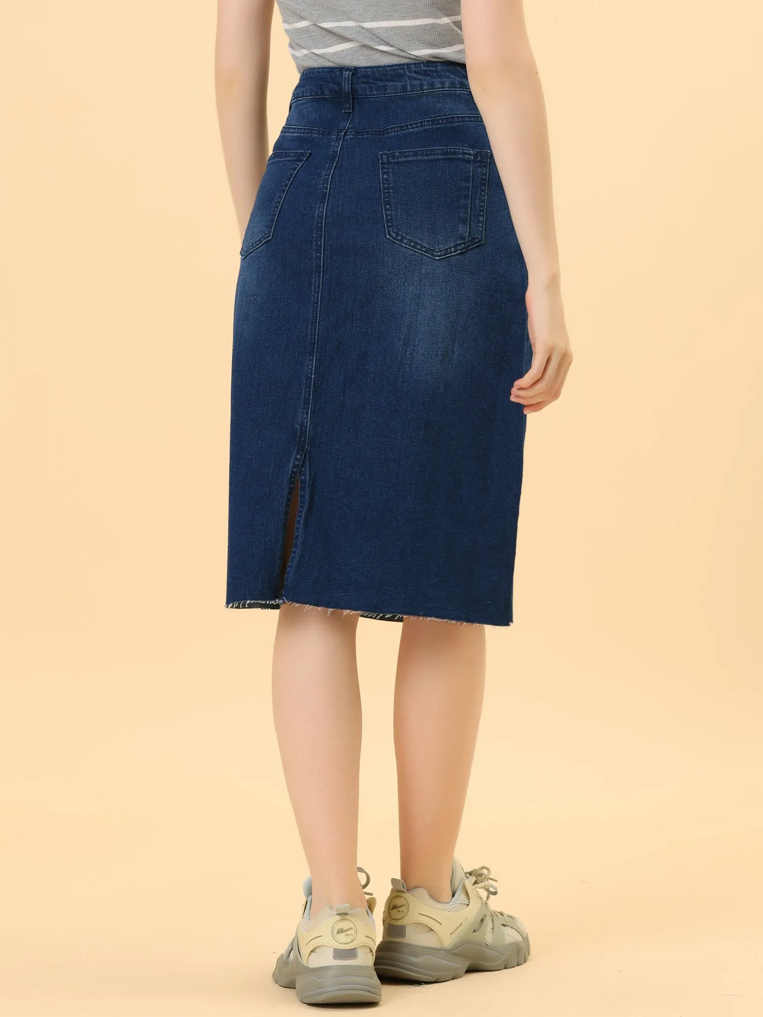 Casual High Waist Back Slit Stretch Denim Midi Jean Skirt