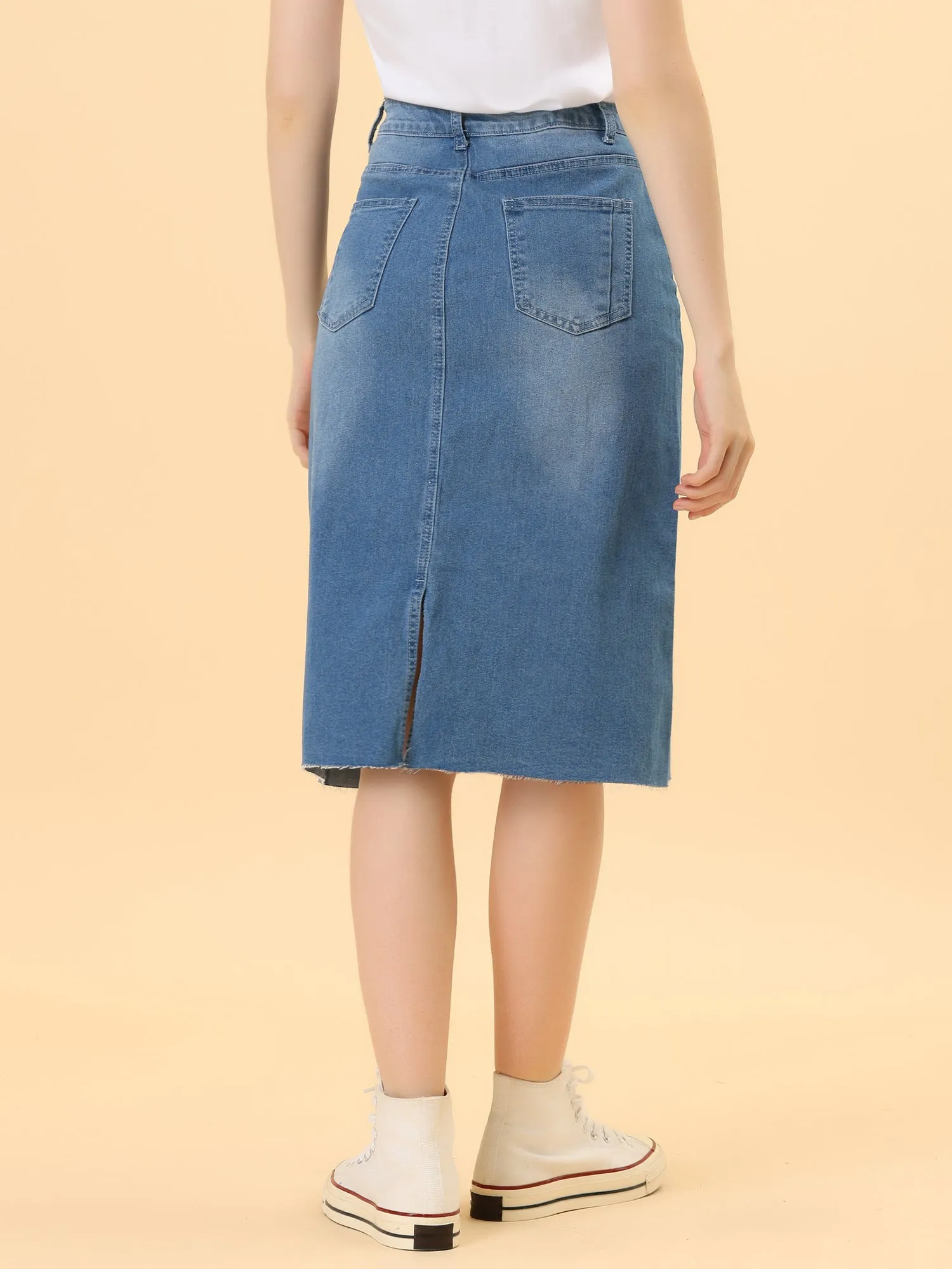 Casual High Waist Back Slit Stretch Denim Midi Jean Skirt