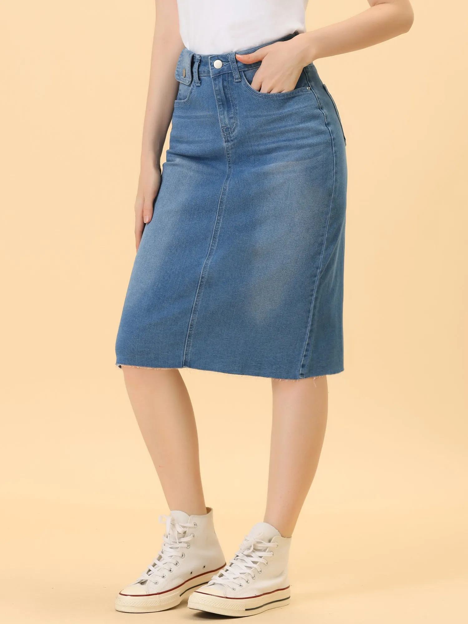 Casual High Waist Back Slit Stretch Denim Midi Jean Skirt