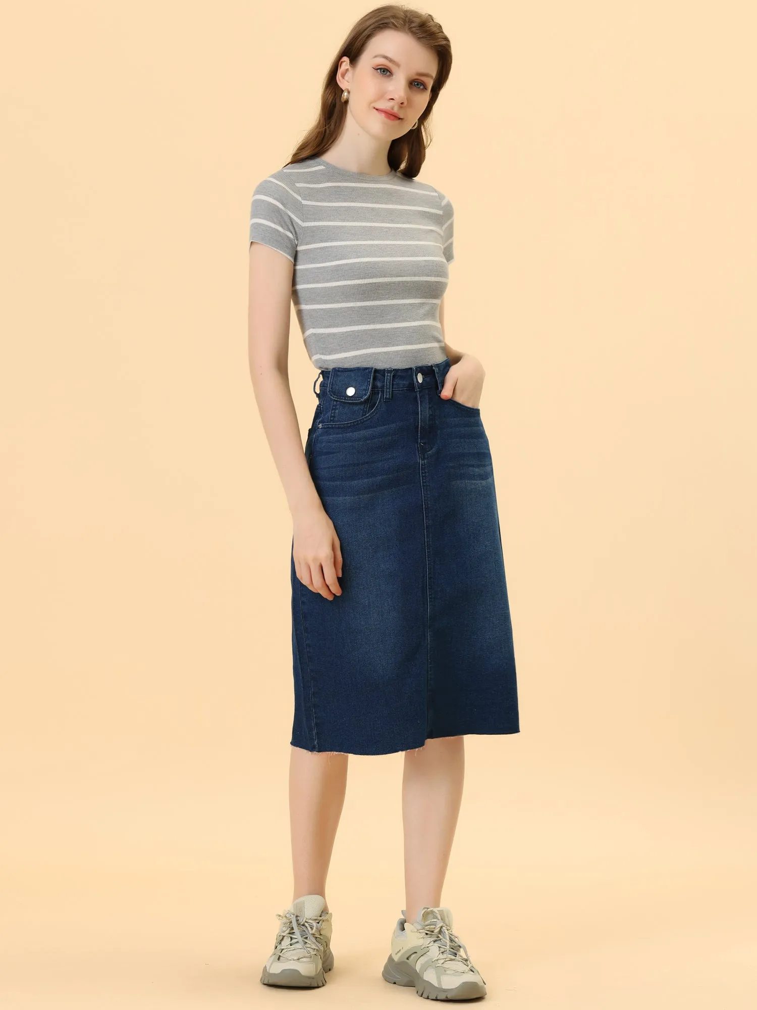 Casual High Waist Back Slit Stretch Denim Midi Jean Skirt