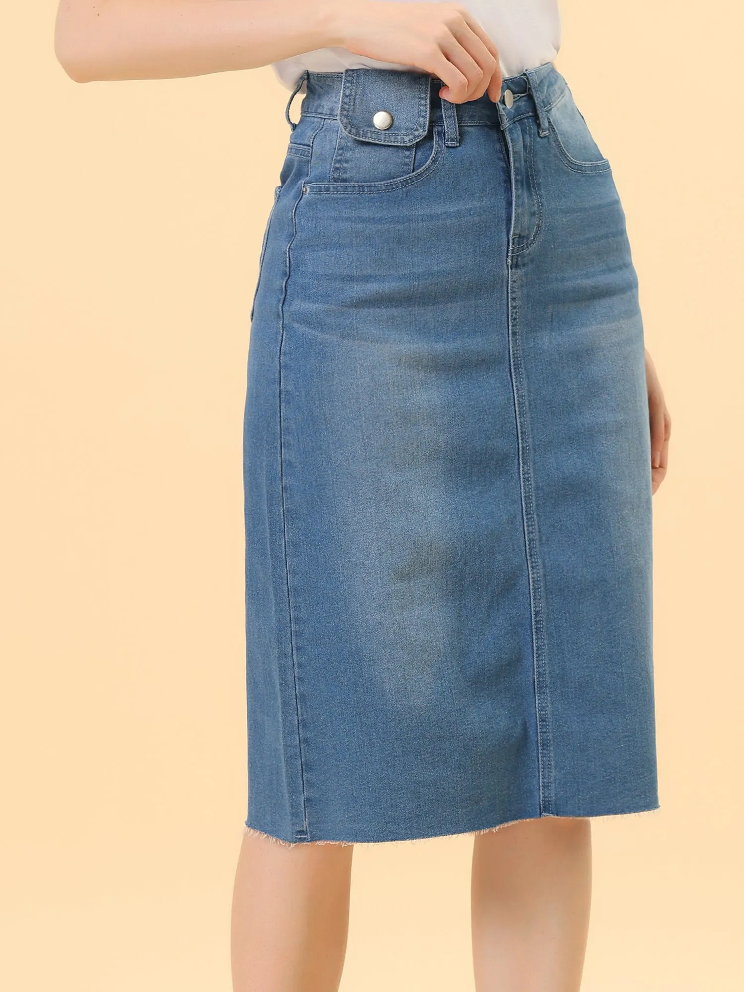 Casual High Waist Back Slit Stretch Denim Midi Jean Skirt