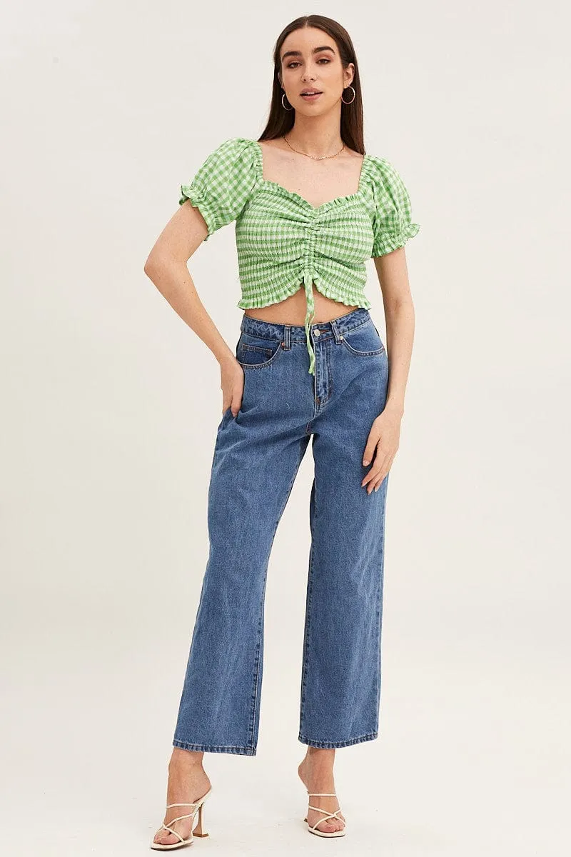 Check Crop Top Short Sleeve Ruched Front