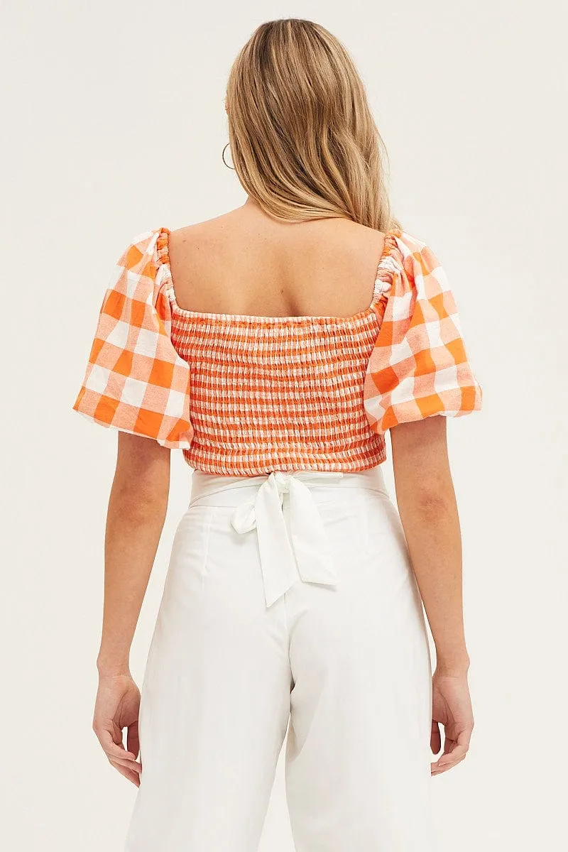 Check Gingham Half Sleeve Shirred Cropped Top