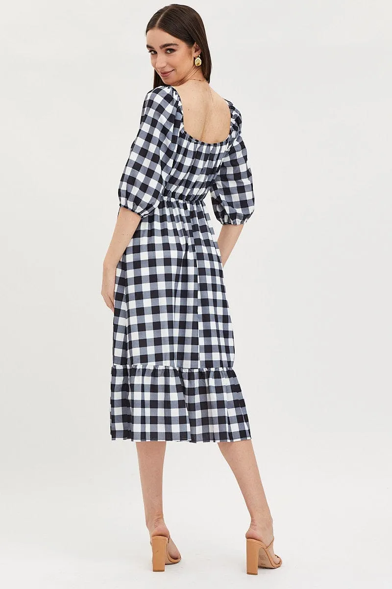 Check Midi Dress Puff Sleeve