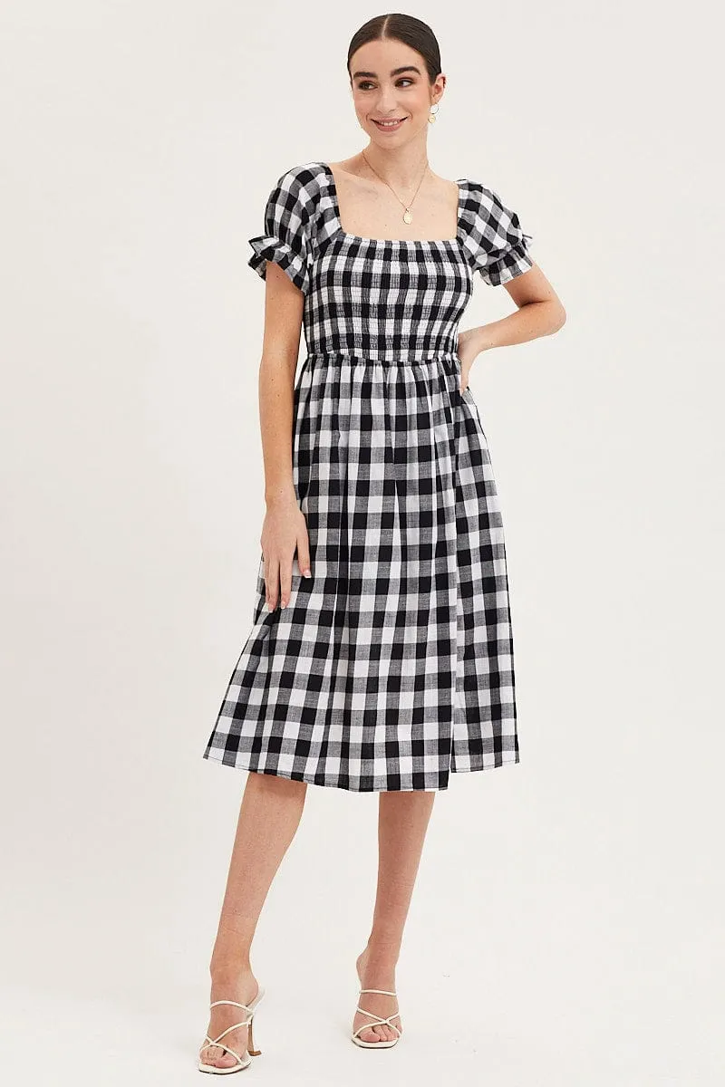 Check Shirred Dress Short Sleeve Midi