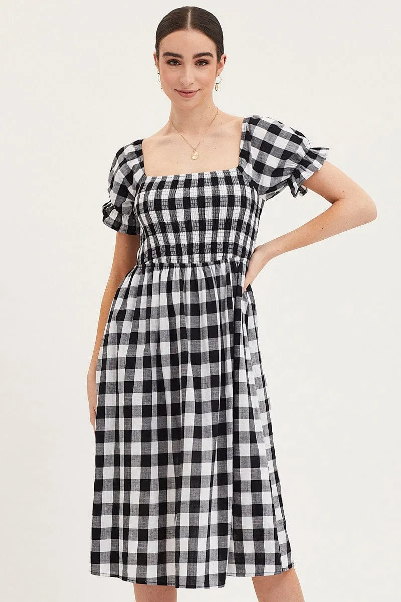 Check Shirred Dress Short Sleeve Midi
