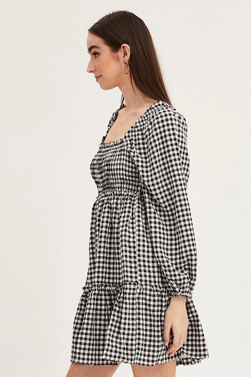 Check Shirred Skater Dress
