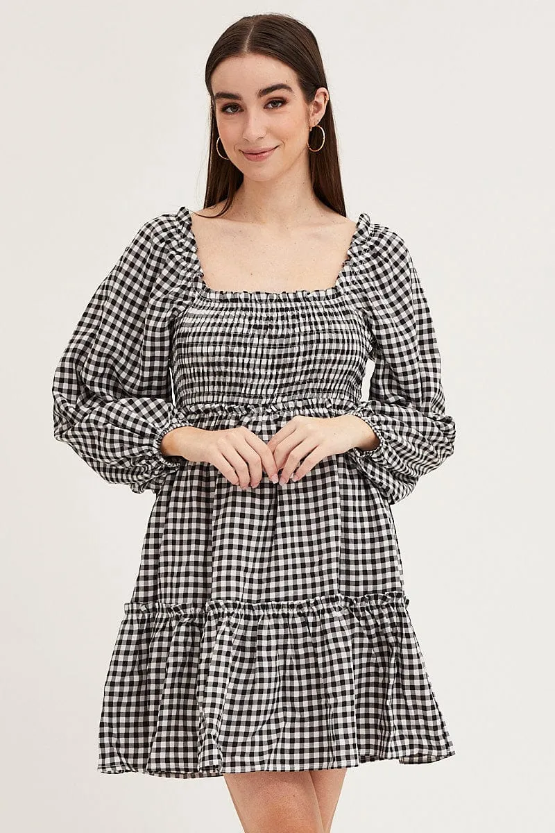 Check Shirred Skater Dress