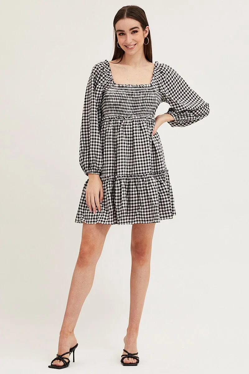 Check Shirred Skater Dress