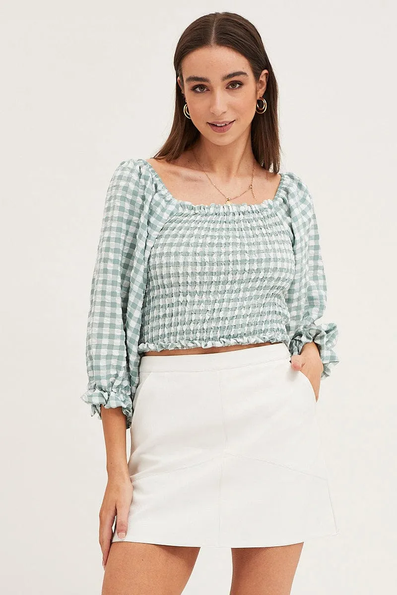 Check Shirred Top Three-Quarter Crop