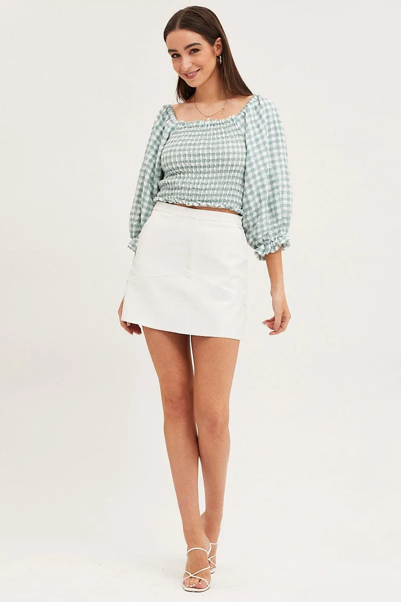 Check Shirred Top Three-Quarter Crop