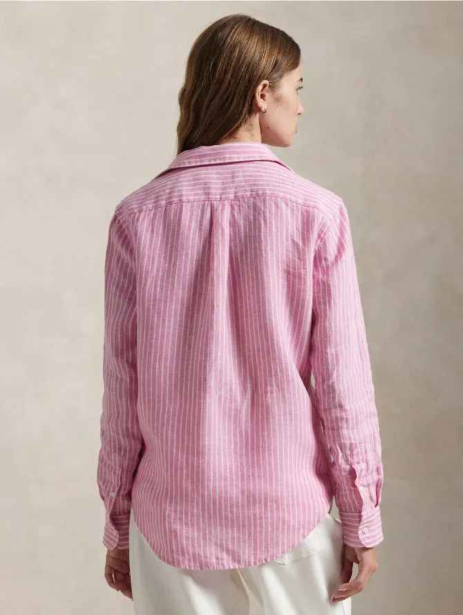 Classic Fit Striped Linen Shirt Pink/White