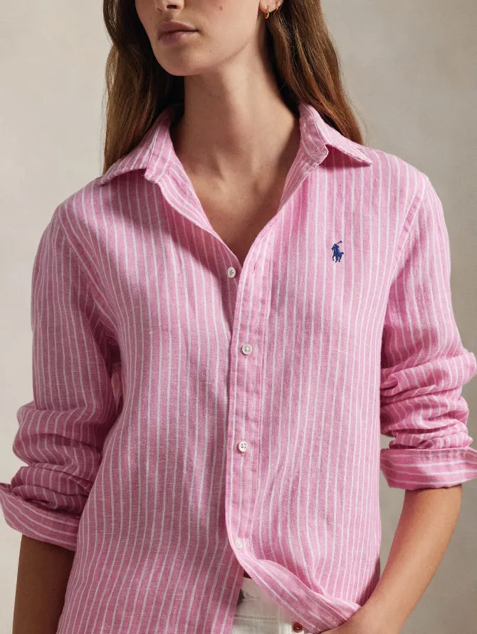 Classic Fit Striped Linen Shirt Pink/White