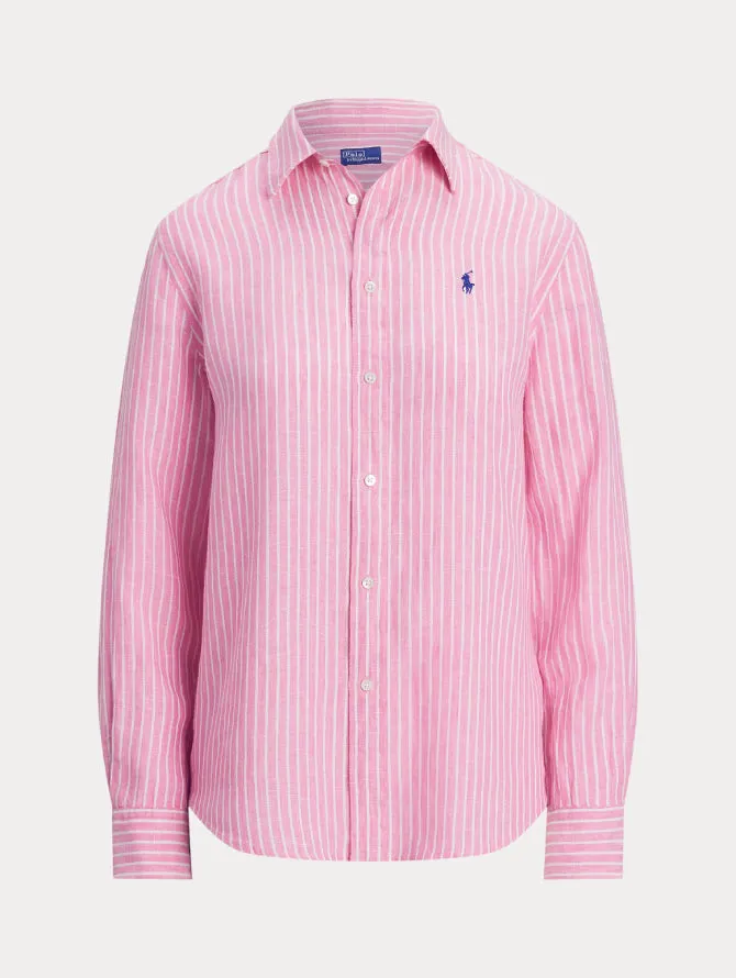 Classic Fit Striped Linen Shirt Pink/White