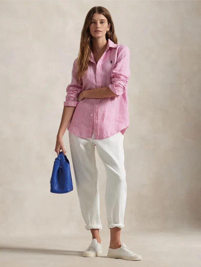 Classic Fit Striped Linen Shirt Pink/White