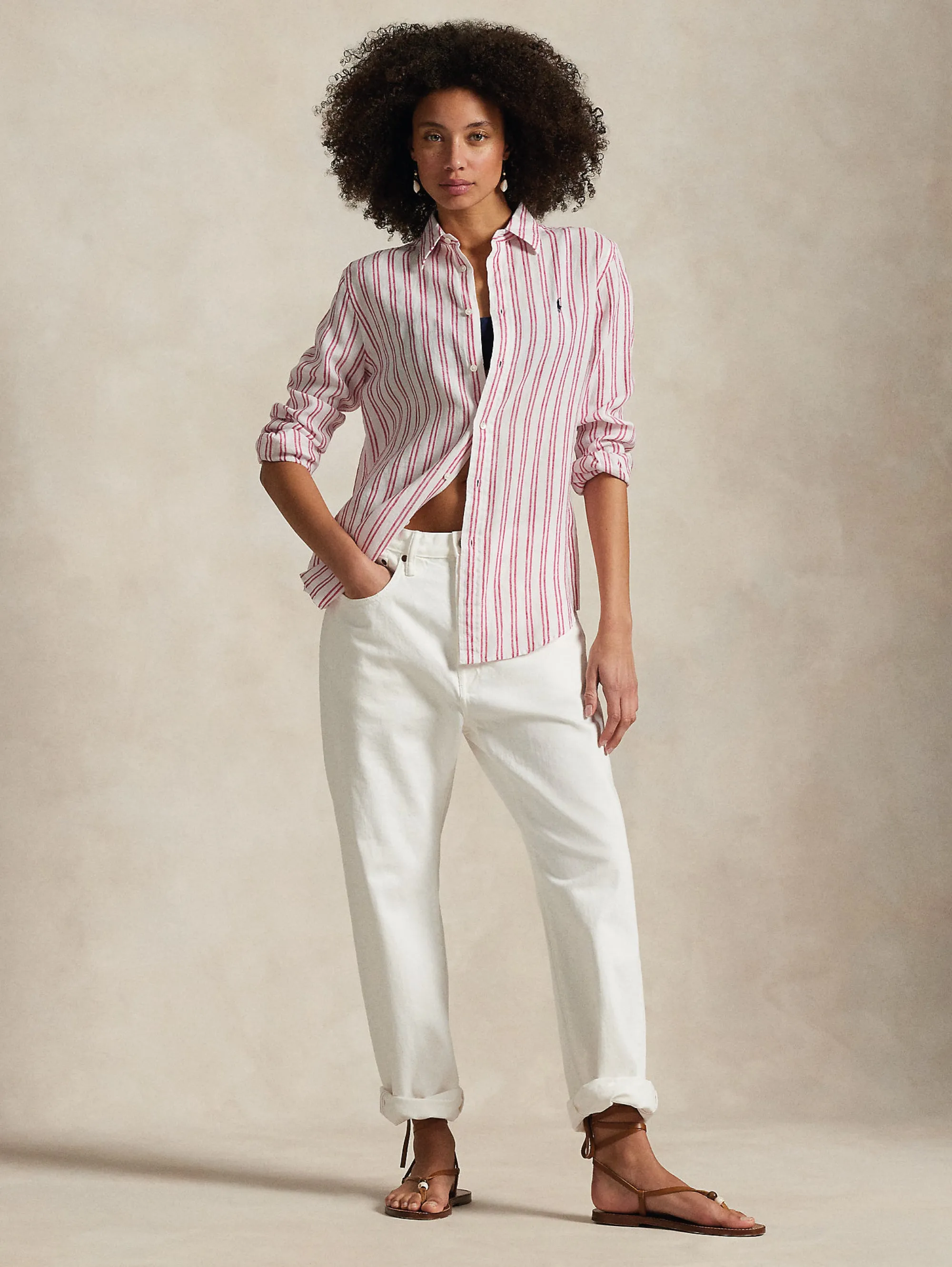 Classic Fit Striped Linen Shirt White/Red