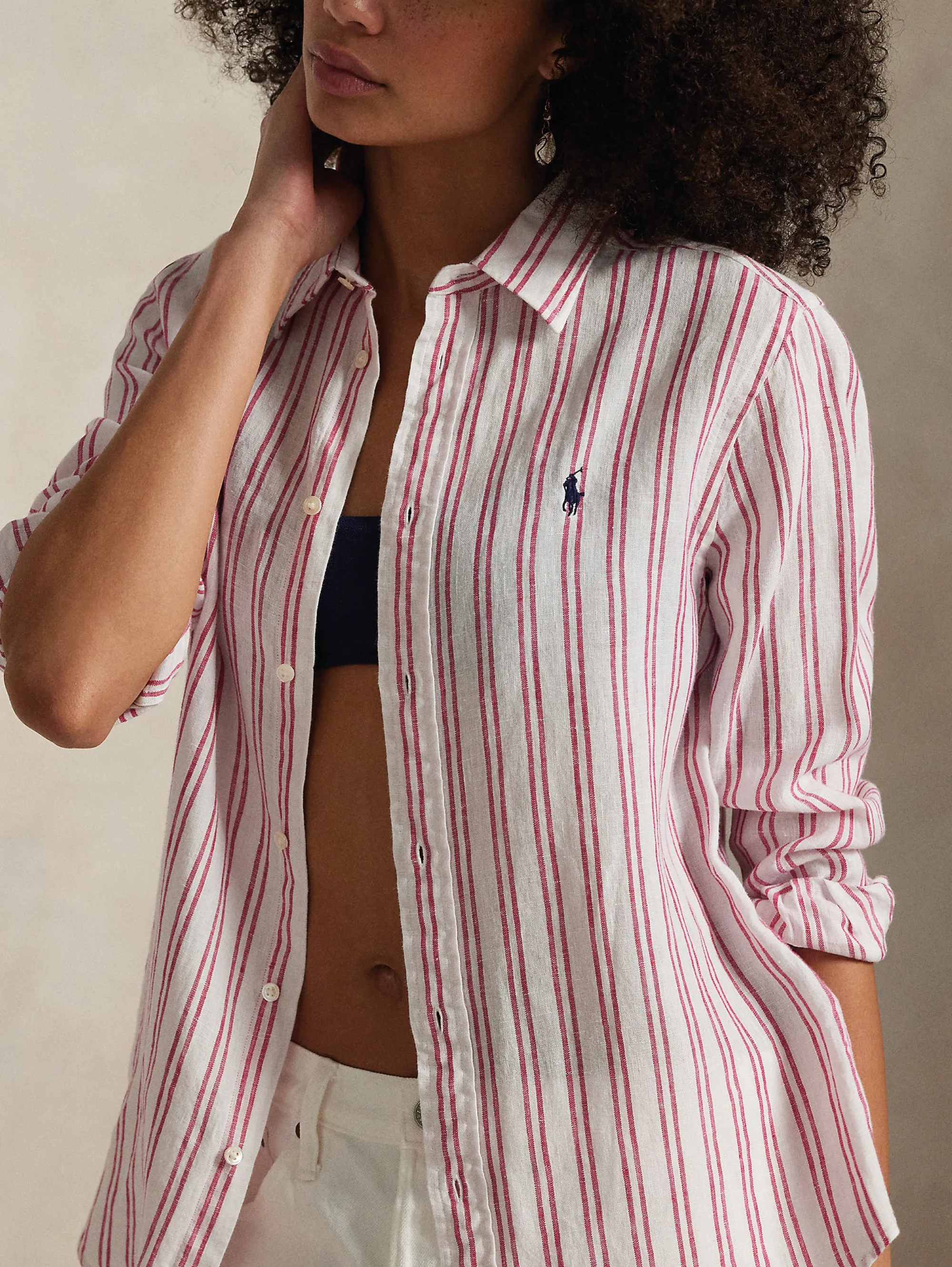 Classic Fit Striped Linen Shirt White/Red