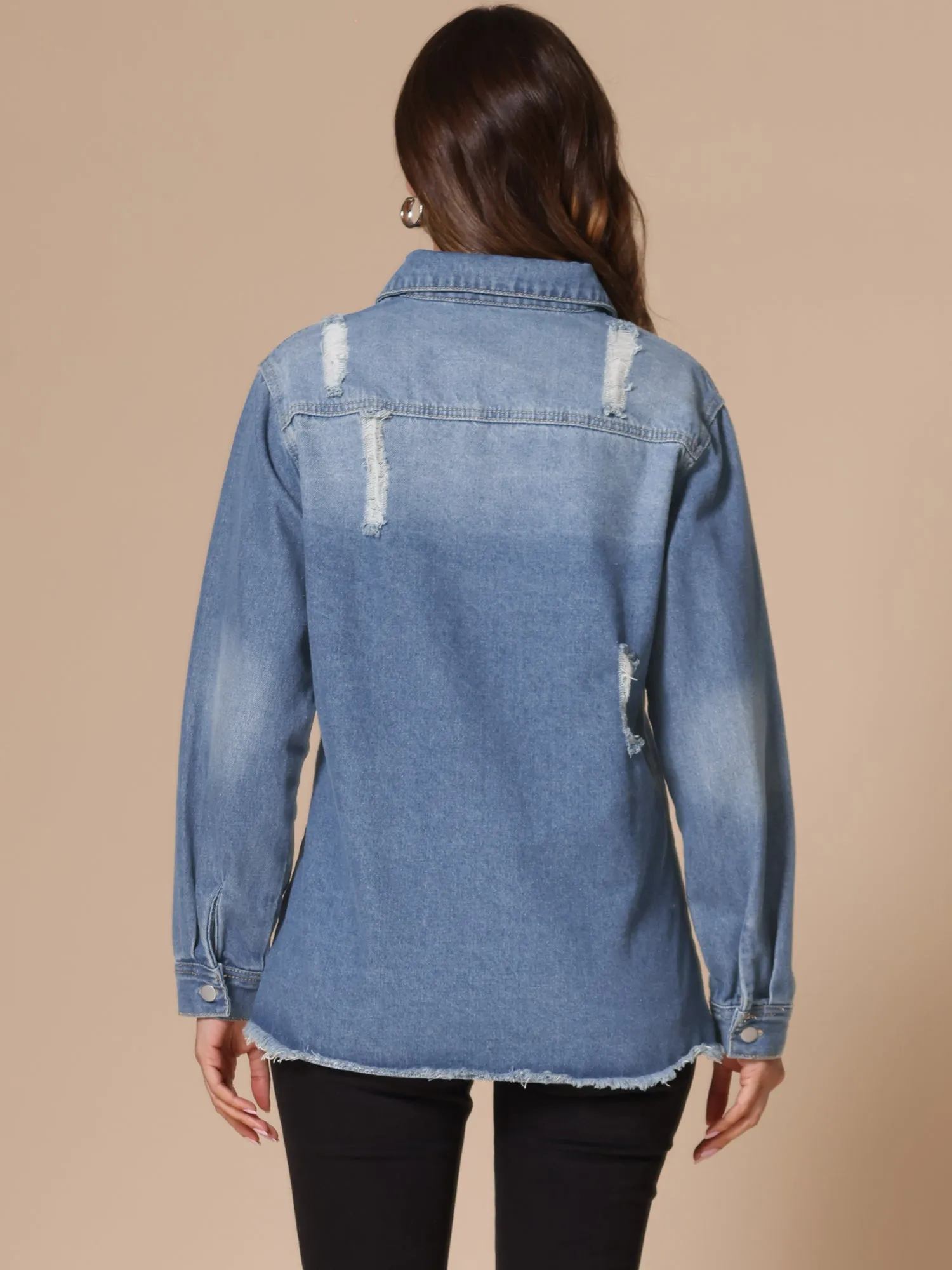 Denim Frayed Hem Pockets Button Down Jean Jacket